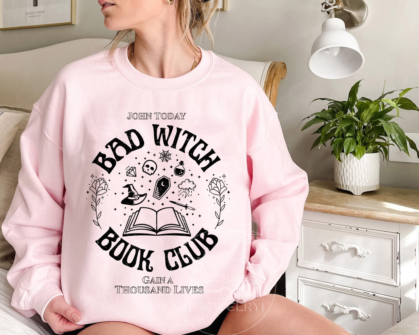 Bad Witch Book Club Crewneck Design Png, Bookish, Halloween Png, Book Lover, Reader Gift, Autumn, Witchy, Book Club, A Thousand Lives Png