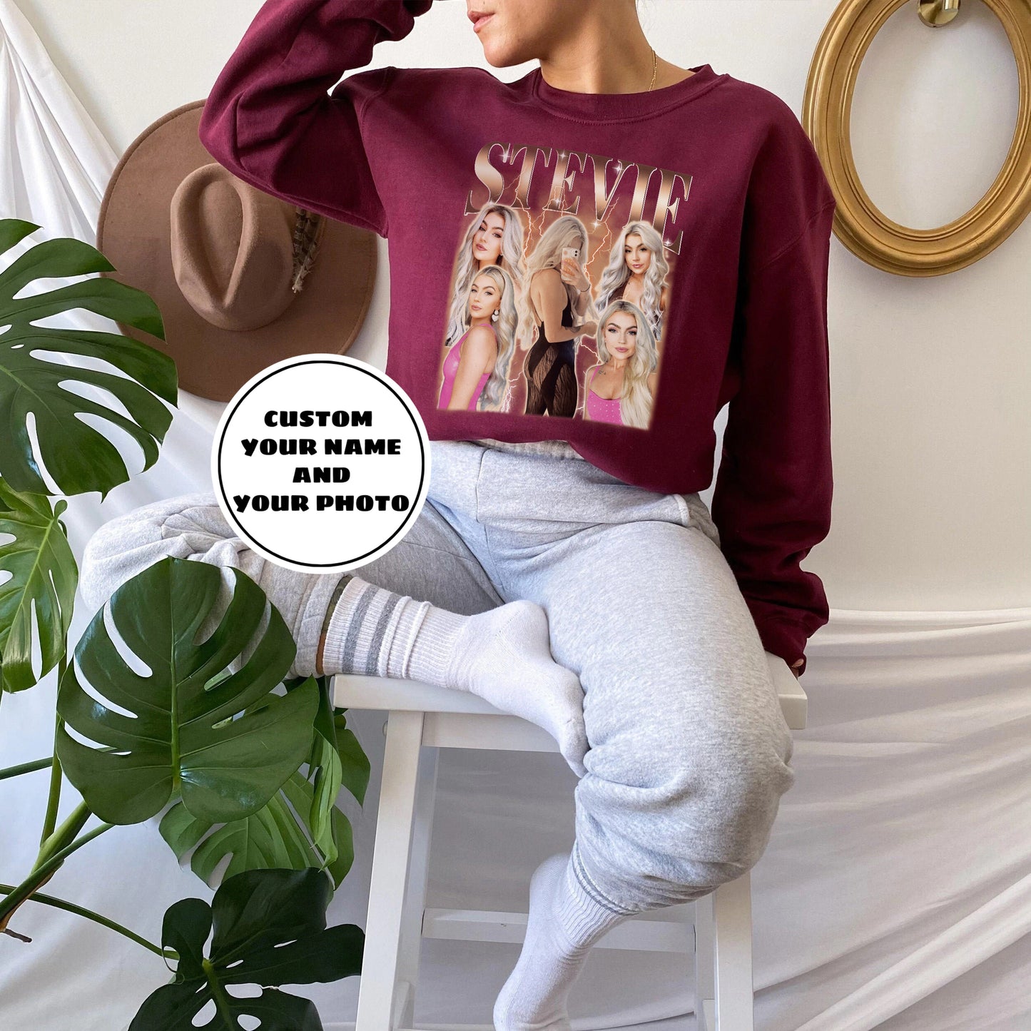 Vintage Style Custom Your Photo and Your Name Crewneck Sweatshirt, Personalized Vintage Style Sweatshirts, Birthday Gift