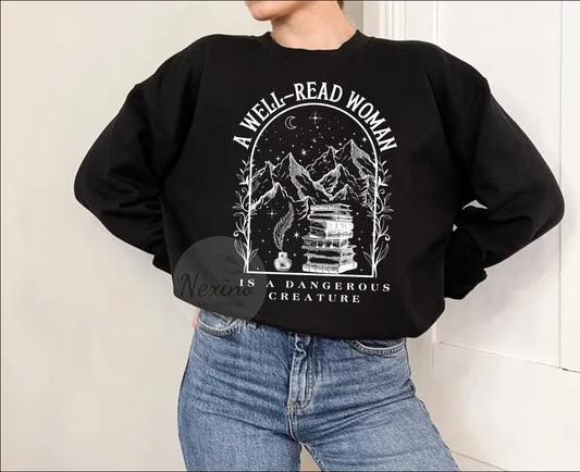 A Well Read Woman Bookish Comfort Color Shirt, Book Lovers Gift Shirts, A Dangerous Creature, Dark Academia Hoodie, Reader Library Bookish