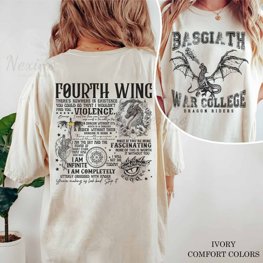 Vintage Basgiath War College Double-side Shirt, Dragon Rider Shirt, Fourth Wing Shirt, Dragon Fly Shirt, Dark Academia Shirt