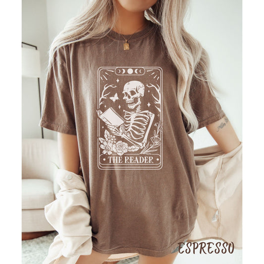 The Reader Tarot Card Tshirt Comfort Colors | Book Lover Gift for Women | Skeleton Reader Tee | Vintage Tarot Card Shirt | Dark Academia Tee