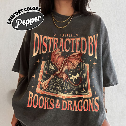 Dragon Book Comfort Colors Shirt, Bookworm Book Dragon Sweatshirt, Easily Distracted By Dragons And Books Shirts,Dragon Rider Fan Merch