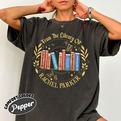 Personalized Bookshelf Comfort Colors Shirt, Custom Bookshelf Shirt, Book Lover Tee, Gift For Bookish, Book Club T Shirt, Gift For Reader