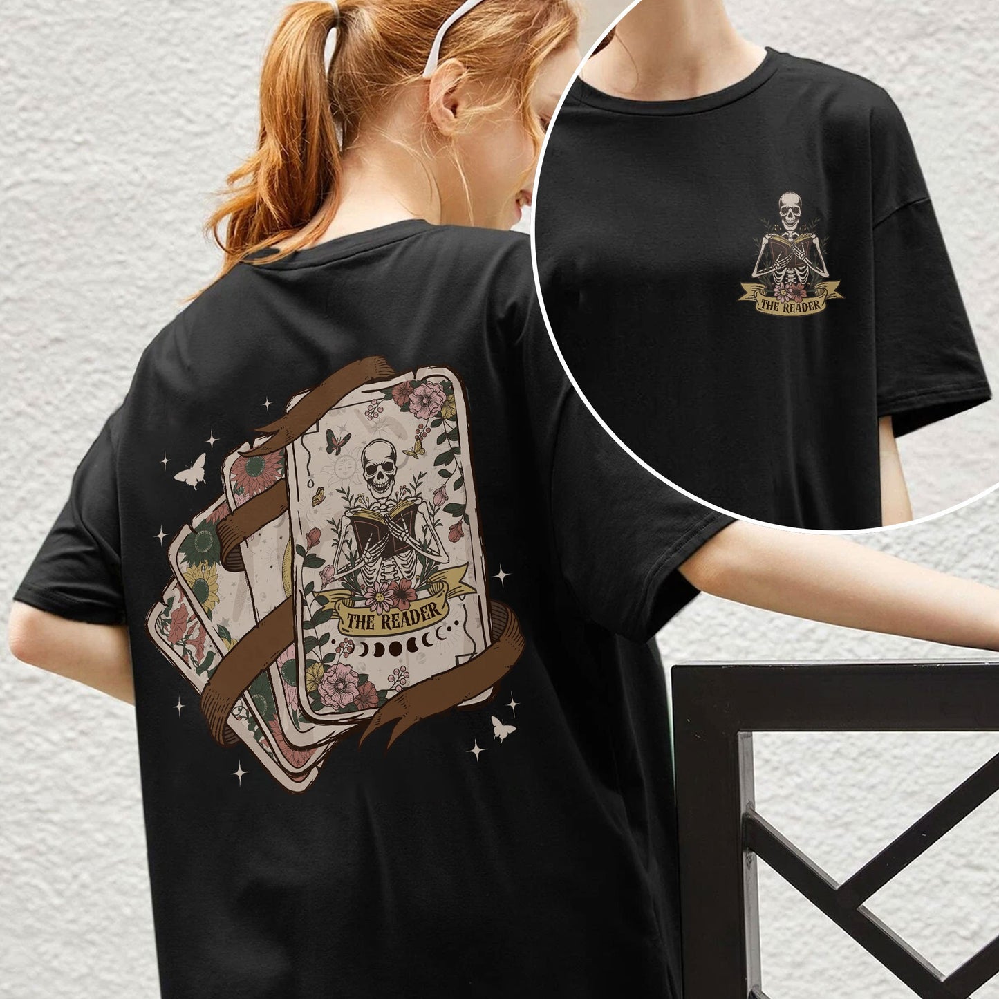 The Reader Tarot Card PNG, Skeleton Reading Shirt Designs, Tarot Card Digital Download , Book Lover Gift For Women, Book Lover PNG