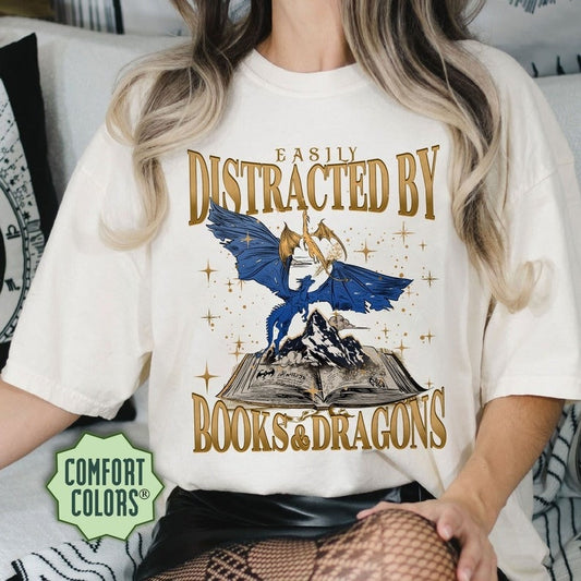 Easily Distracted by Dragon and Books Comfort Colors Shirt, Dragon Book Shirt, Romantasy Book Shirt, Dragons Fantasy Reader Shirt